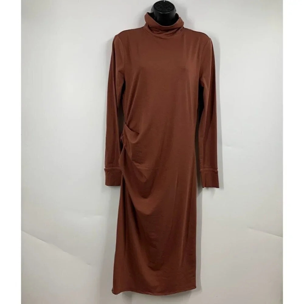 Athleta Women's Industry Turtleneck Midi Dress Havana Brown Merino Wool Size S